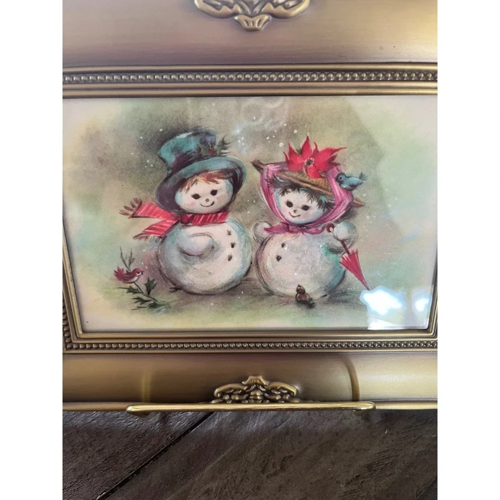 Vintage Snowman Couple Framed Art Gold Ornate Christmas Winter Decor Tabletop